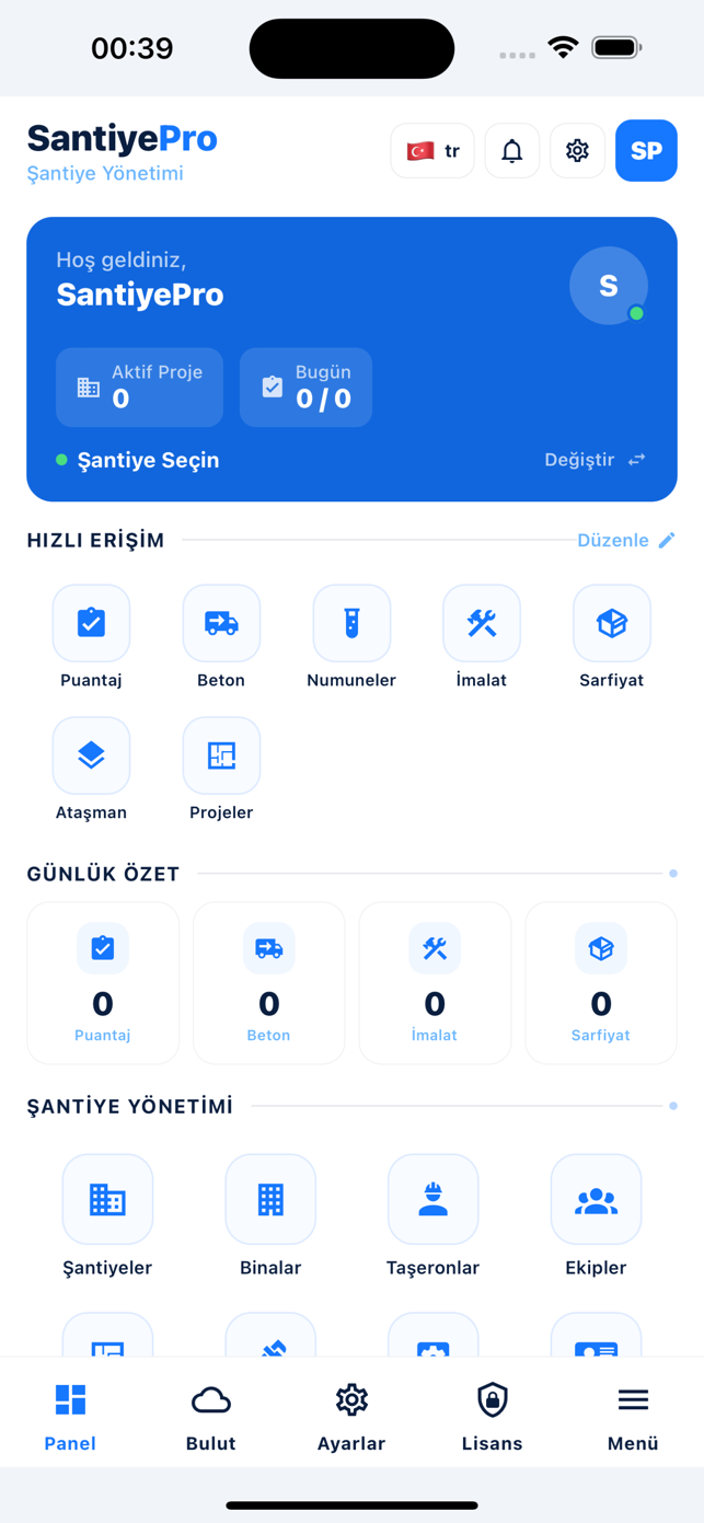 SantiyePro telefon panelinde hoş geldiniz kartı, aktif proje sayacı, hızlı erişim kısayolları ve günlük özet bölümü