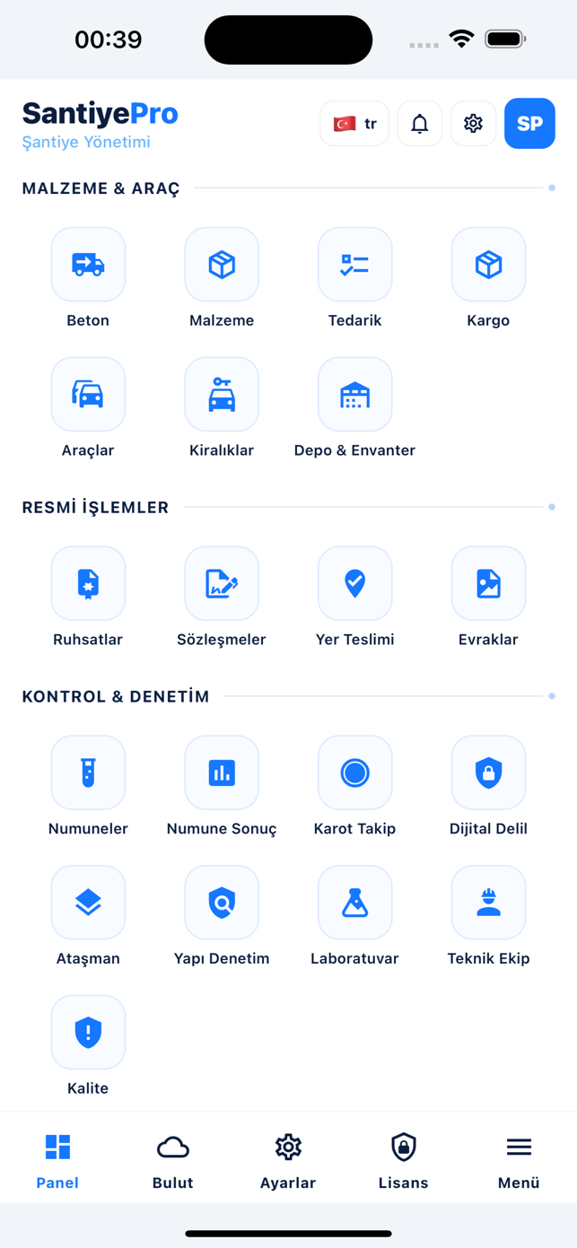 SantiyePro telefon menüsünde kontrol ve denetim bölümü; numuneler, numune sonuç, karot takip ve yapı denetim ikonları kalite zinciri için