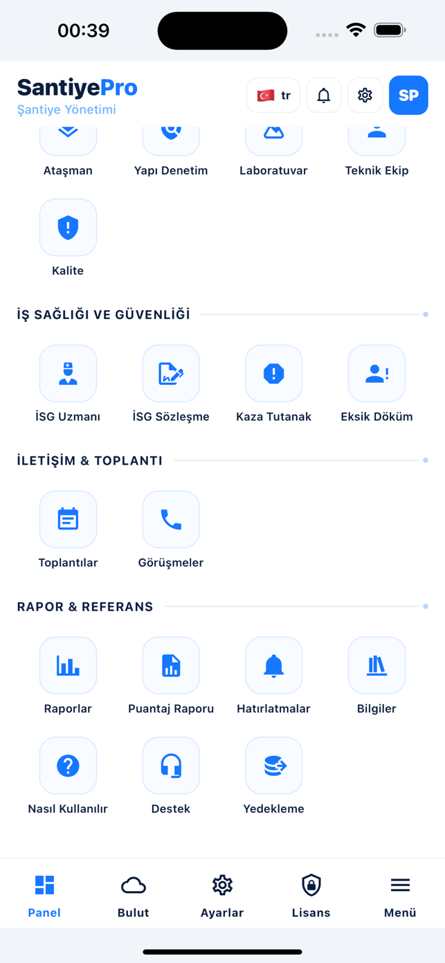Şantiye uygulamasının telefon menüsünde iş sağlığı ve güvenliği, iletişim, toplantı ile rapor ve referans modülleri ikon ızgarası halinde