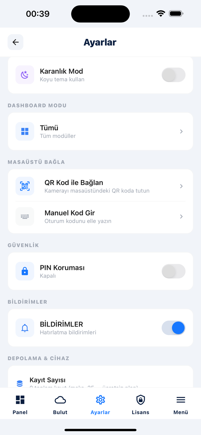 Şantiye uygulamasının ayarlar ekranında karanlık mod, dashboard modu, masaüstü QR bağlantısı, PIN koruması ve bildirim anahtarları